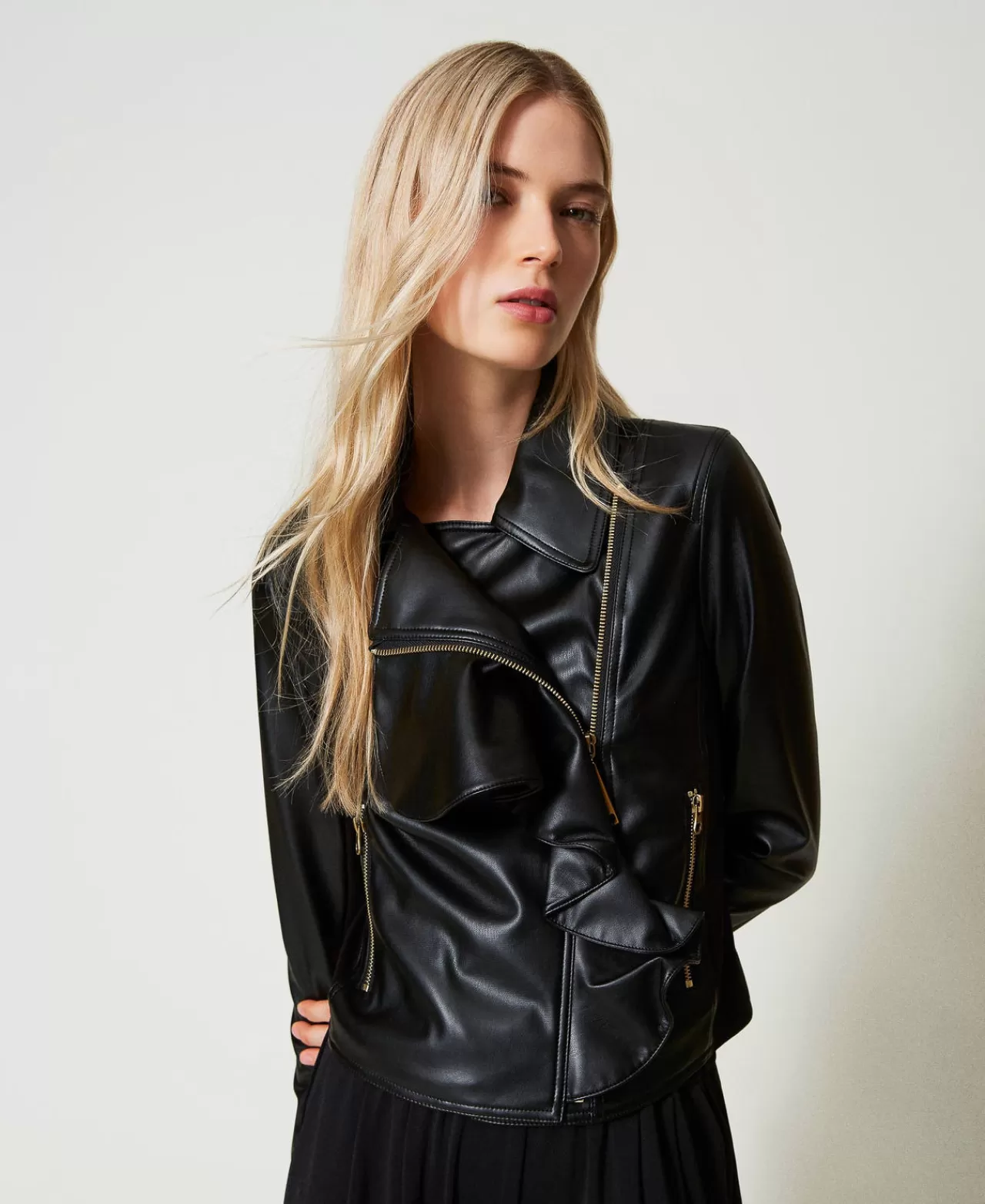 TWINSET Milano Bikerjacke Aus Lederimitat Mit Volant