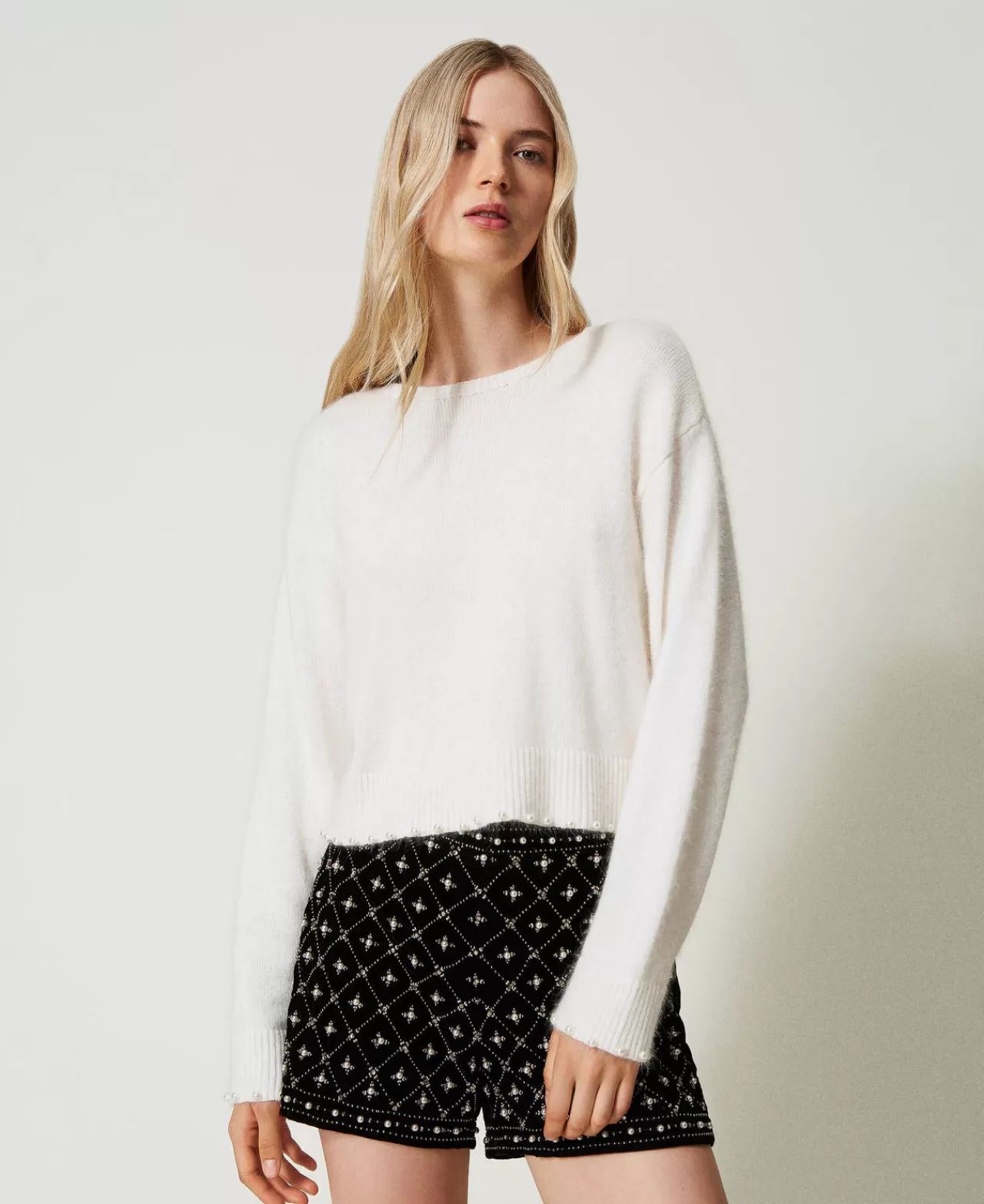 TWINSET Milano Cropped-Pullover Aus Angoramischung Mit Perlen