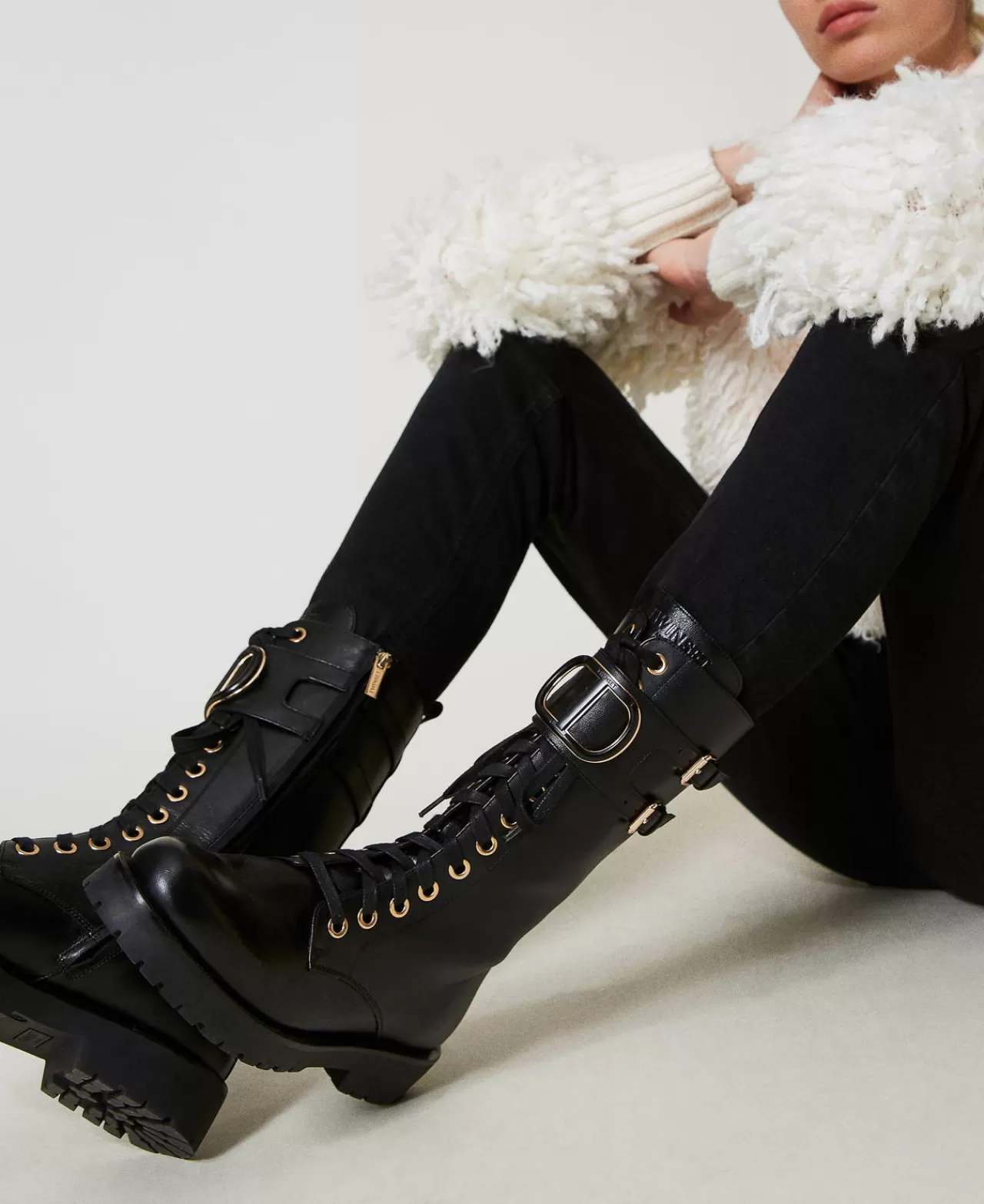TWINSET Milano Hohe Schnürstiefelette Aus Leder Mit Oval T