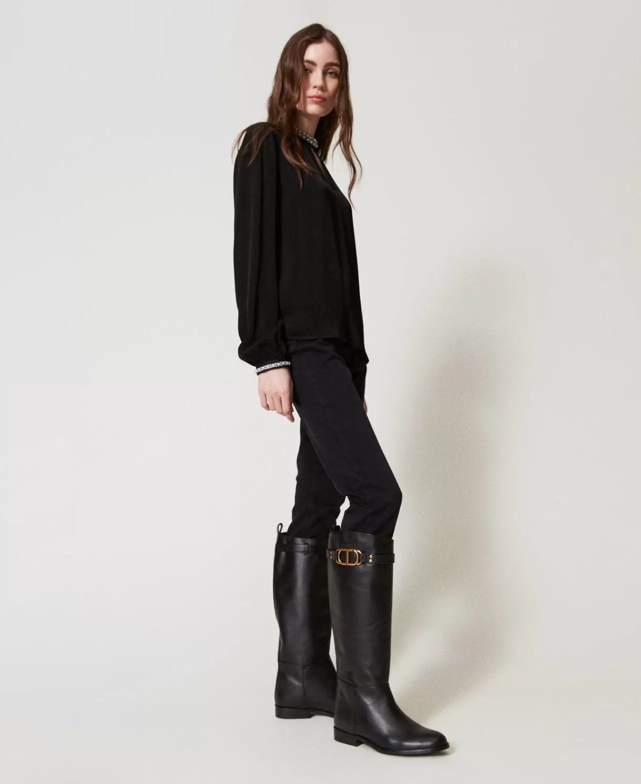 TWINSET Milano Hoher Stiefel Aus Leder Mit Oval T
