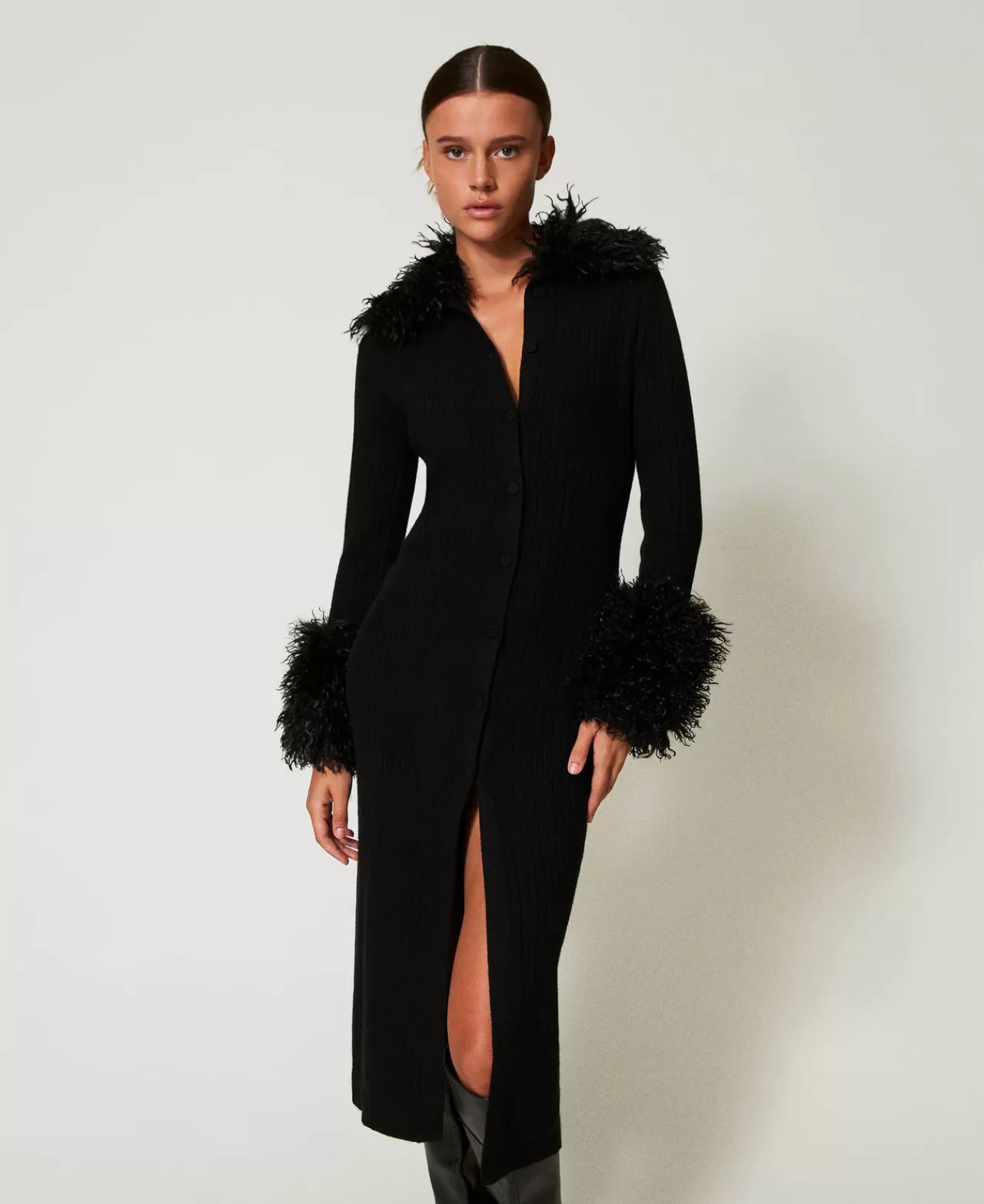 TWINSET Milano Langes Cardigankleid Aus Wollmischung Und Pelzimitat