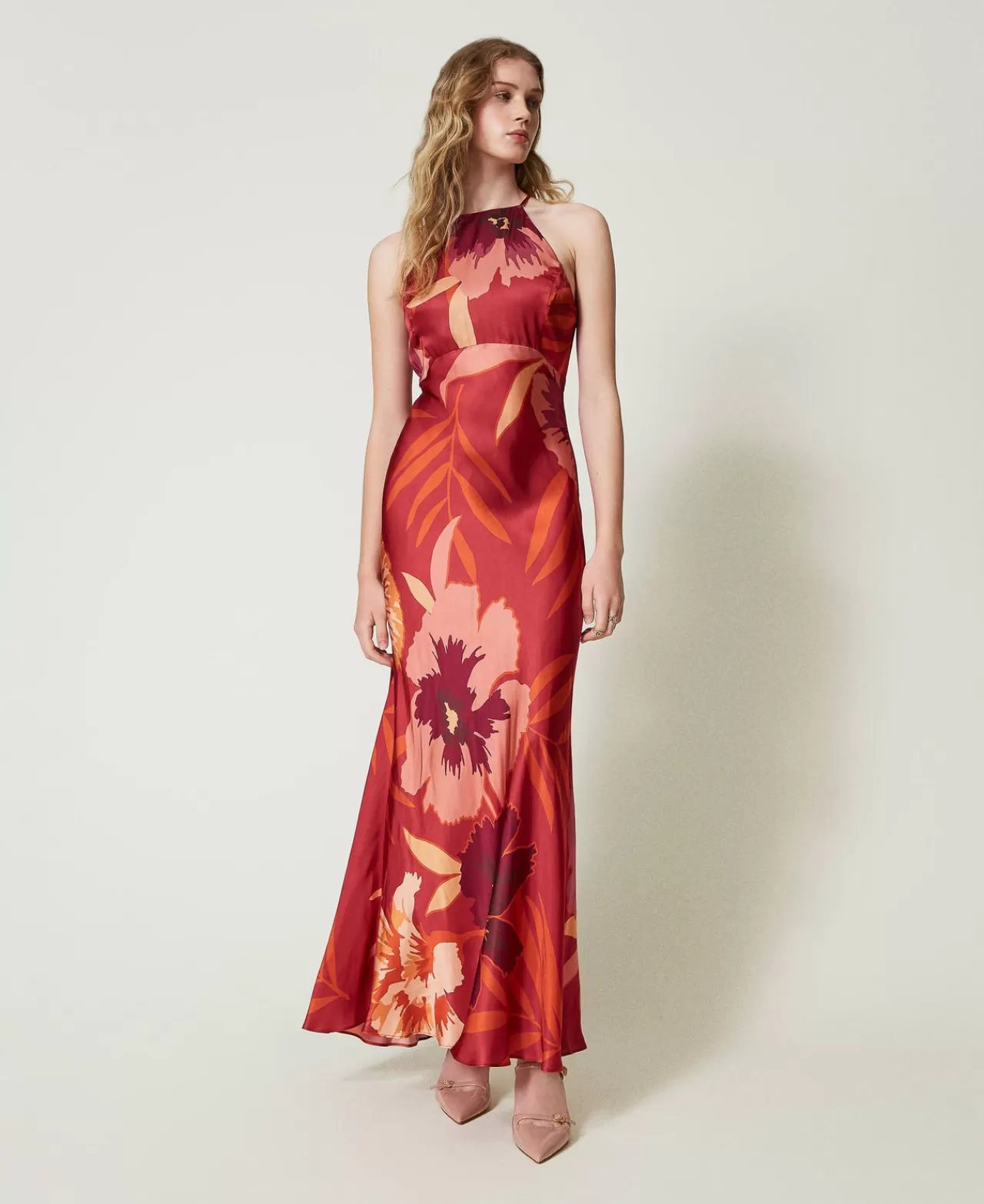 TWINSET Milano Maxikleid Aus Satin Mit Blumendessin Und Amerikanischer Schulter