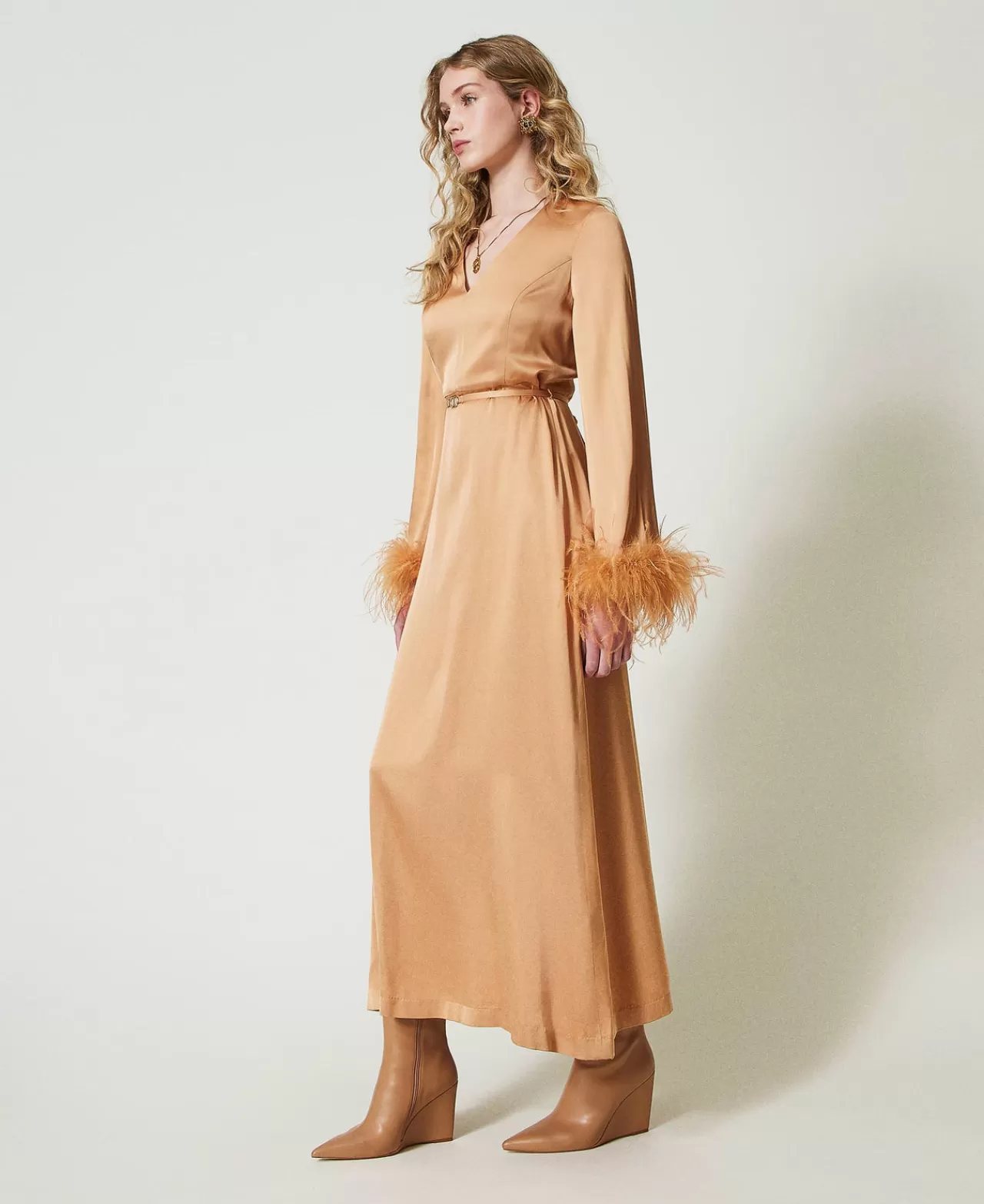 TWINSET Milano Maxikleid Aus Satin Mit Federn