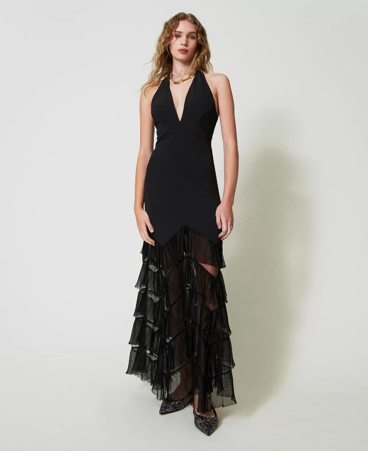 TWINSET Milano Maxi-Neckholderkleid Mit Plissierten Tüllvolants