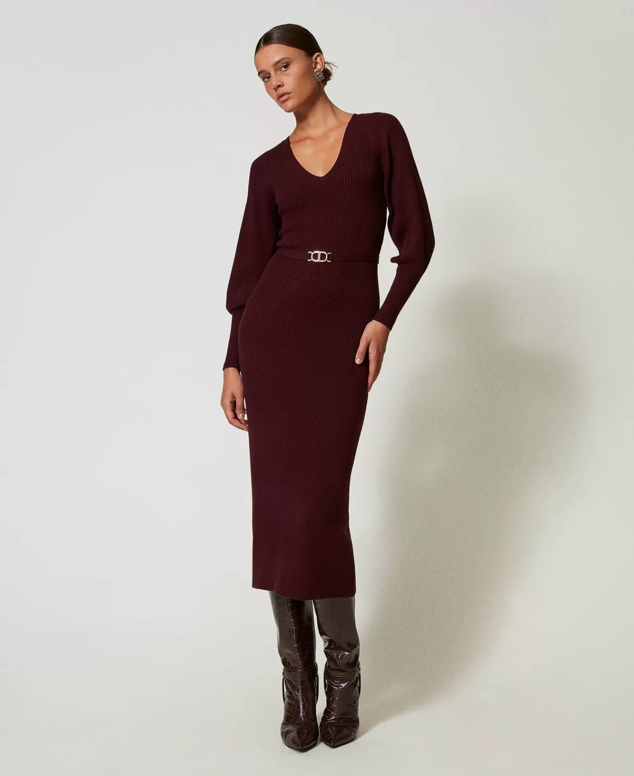 TWINSET Milano Maxi-Strickkleid Mit Rippenmuster Und Gürtel