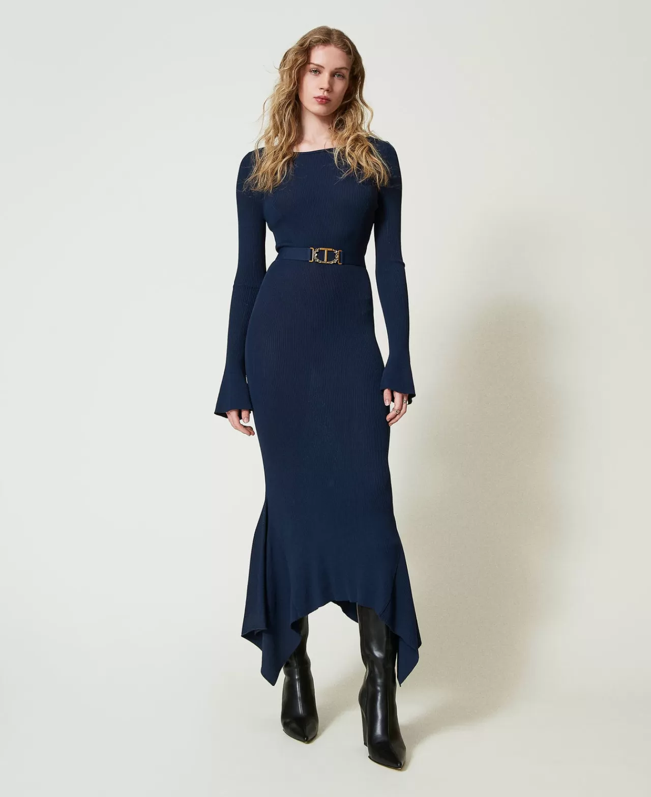 TWINSET Milano Midi-Strickkleid Mit Gürtel Und Volant