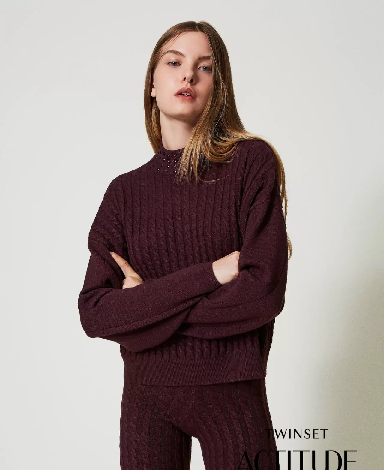 TWINSET Milano Stehkragenpullover Mit Zopfmuster Und Strass