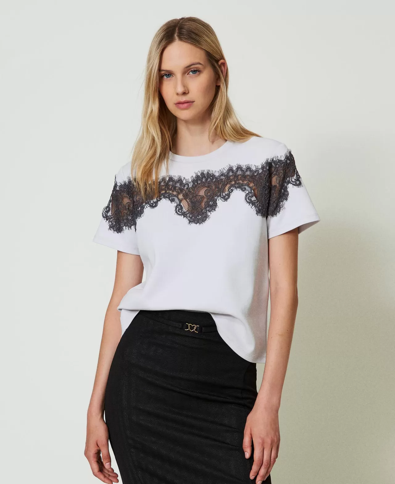 TWINSET Milano T-Shirt Im Regular-Fit Mit Spitzenintarsie