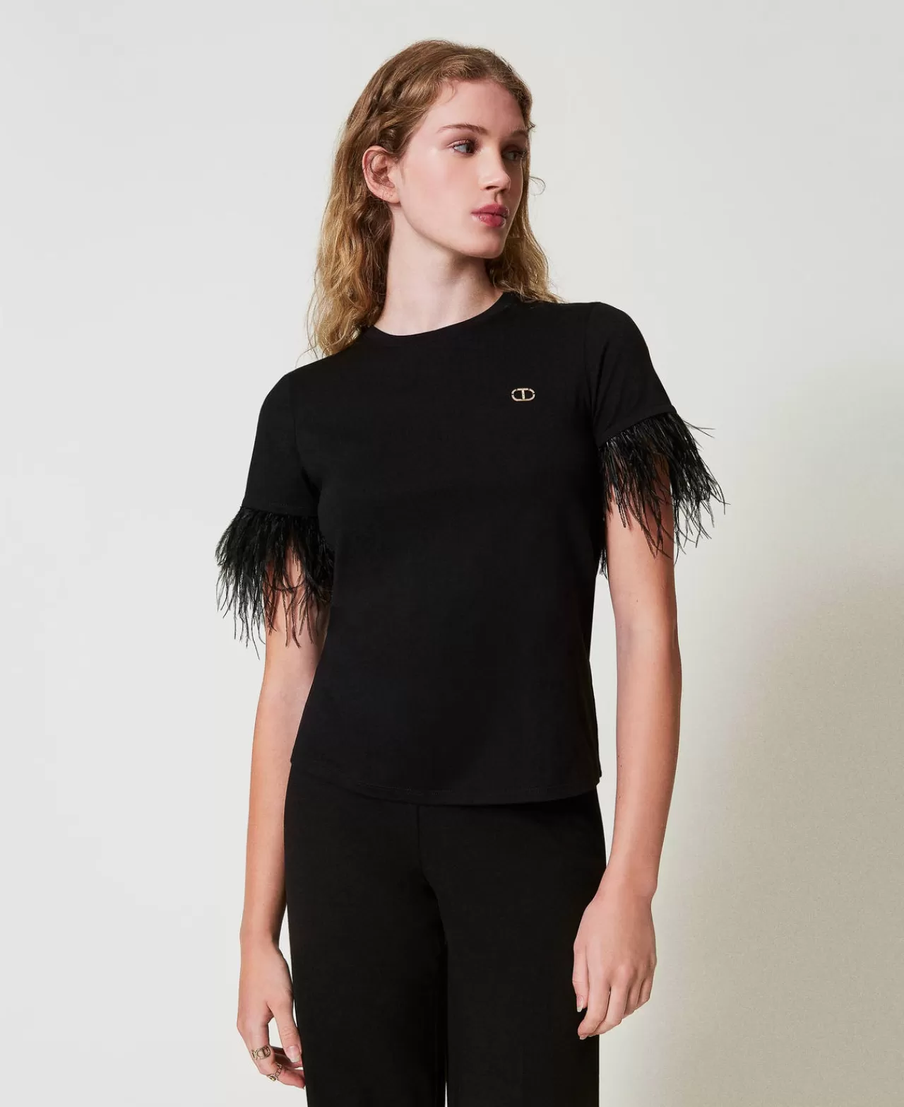 TWINSET Milano T-Shirt Mit „Oval T“-Logo Und Federn
