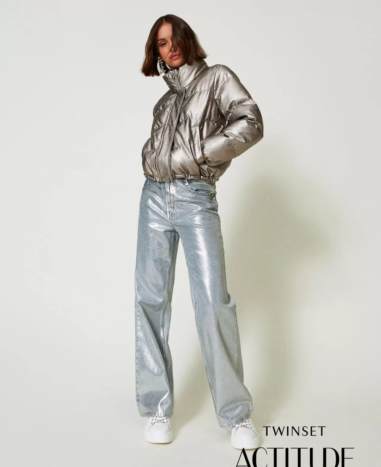 TWINSET Milano Wide-Leg-Jeans Mit Silberfarbener Beschichtung